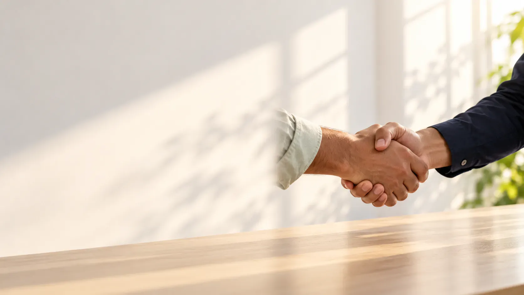 A handshake across a clean counter
