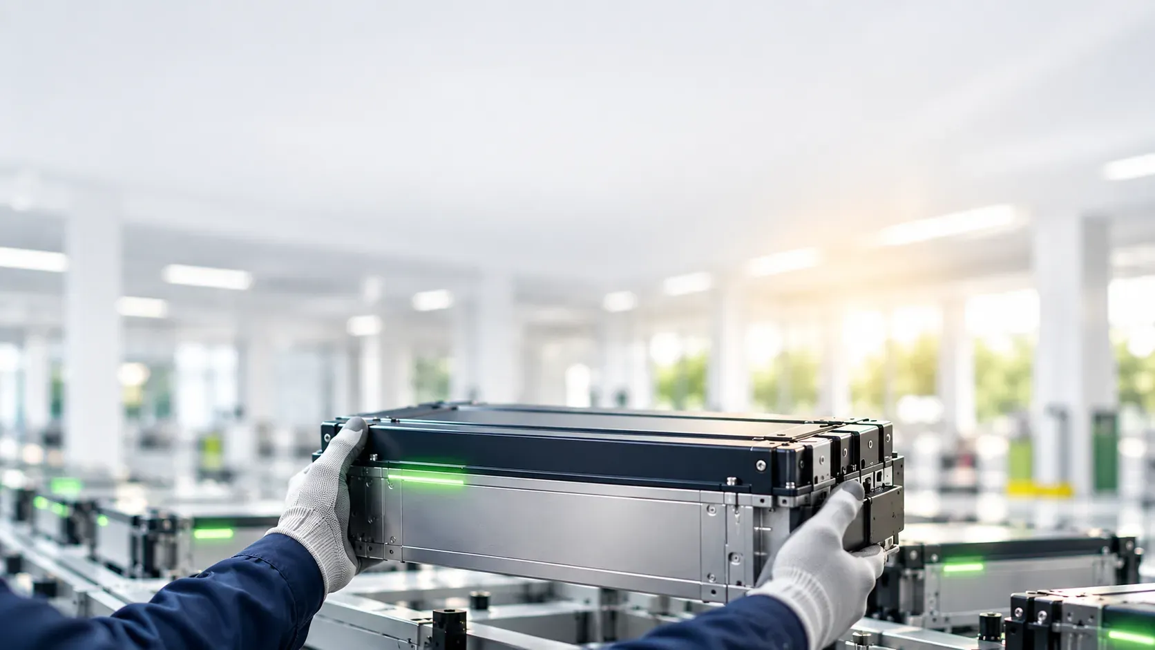 Gloved hands lifting a finished battery module off the line