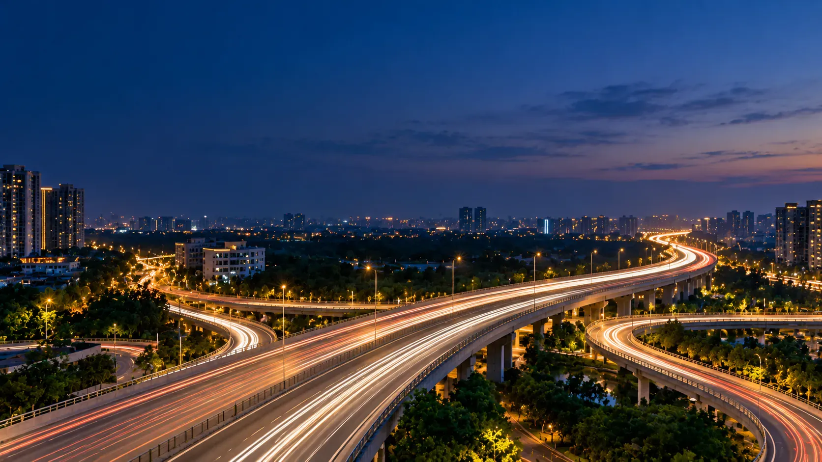 City road light trails at dusk