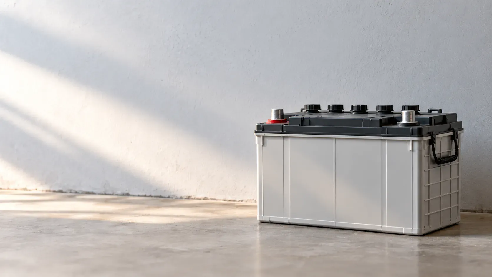 A worn lead-acid battery with corroded terminals on a plain floor
